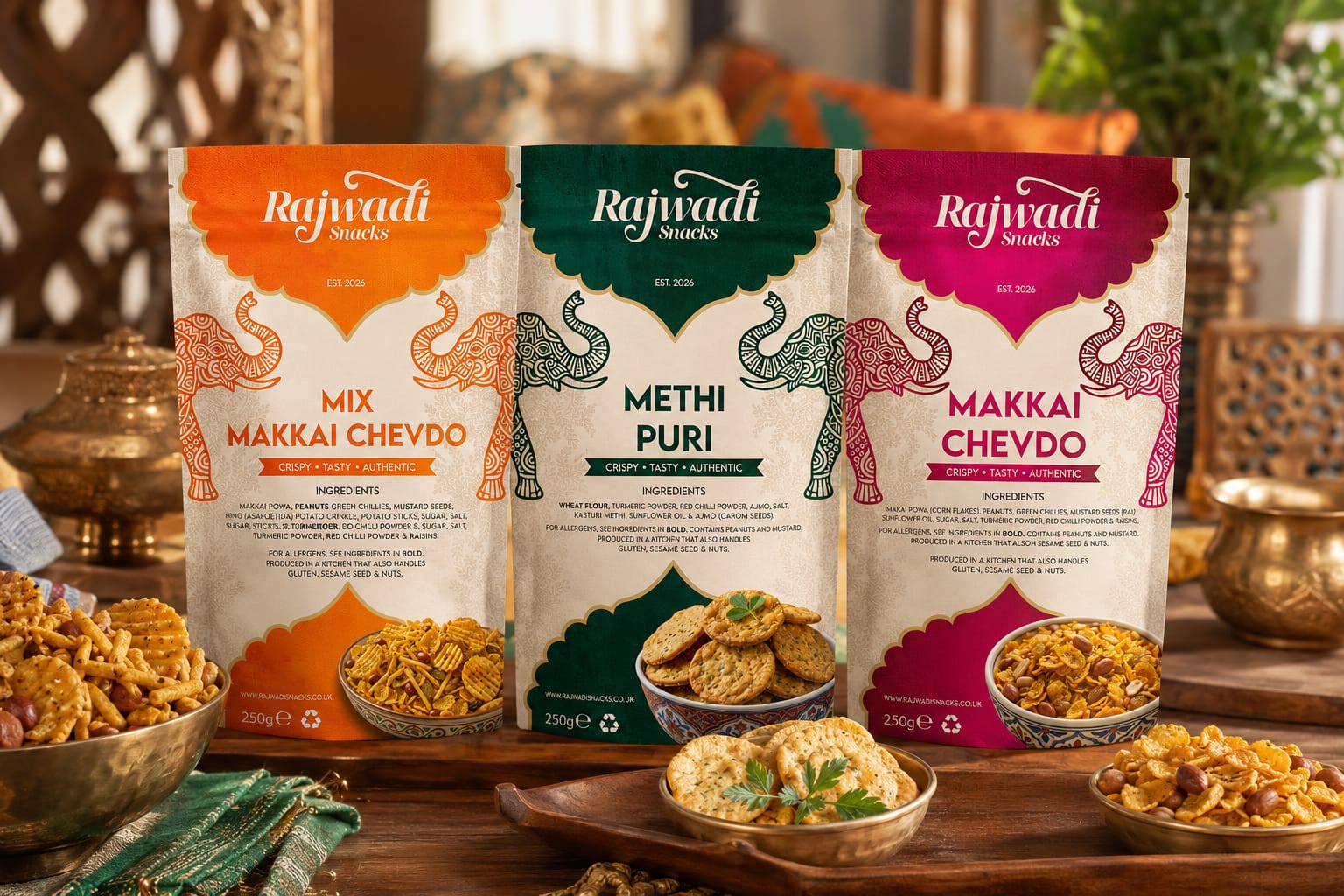 Rajwadi Snacks product packs: Mix Makkai Chevdo, Methi Puri and Makkai Chevdo
